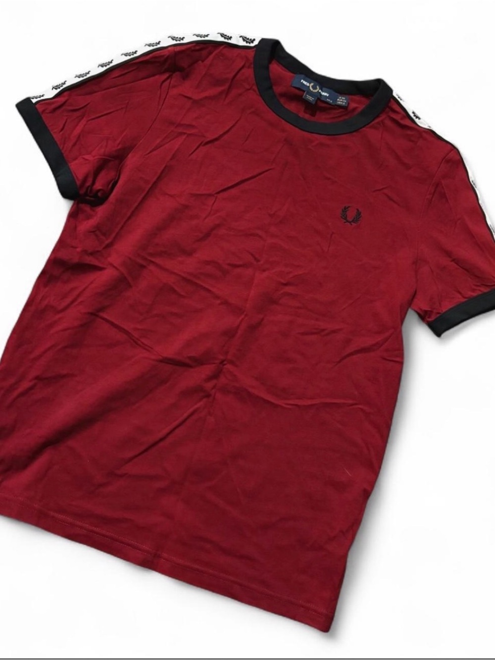 Fred Perry Burgundy Short-Sleeve Tee with Black Trim and Shoulder Tape